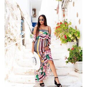 Flying Tomato Off The Shoulder Striped Floral Maxi Dress Women’s Size Small